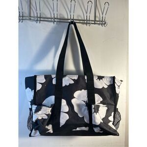 31 Thirty one organizer bag black white flowers zipper totes pockets 15"x10" ret